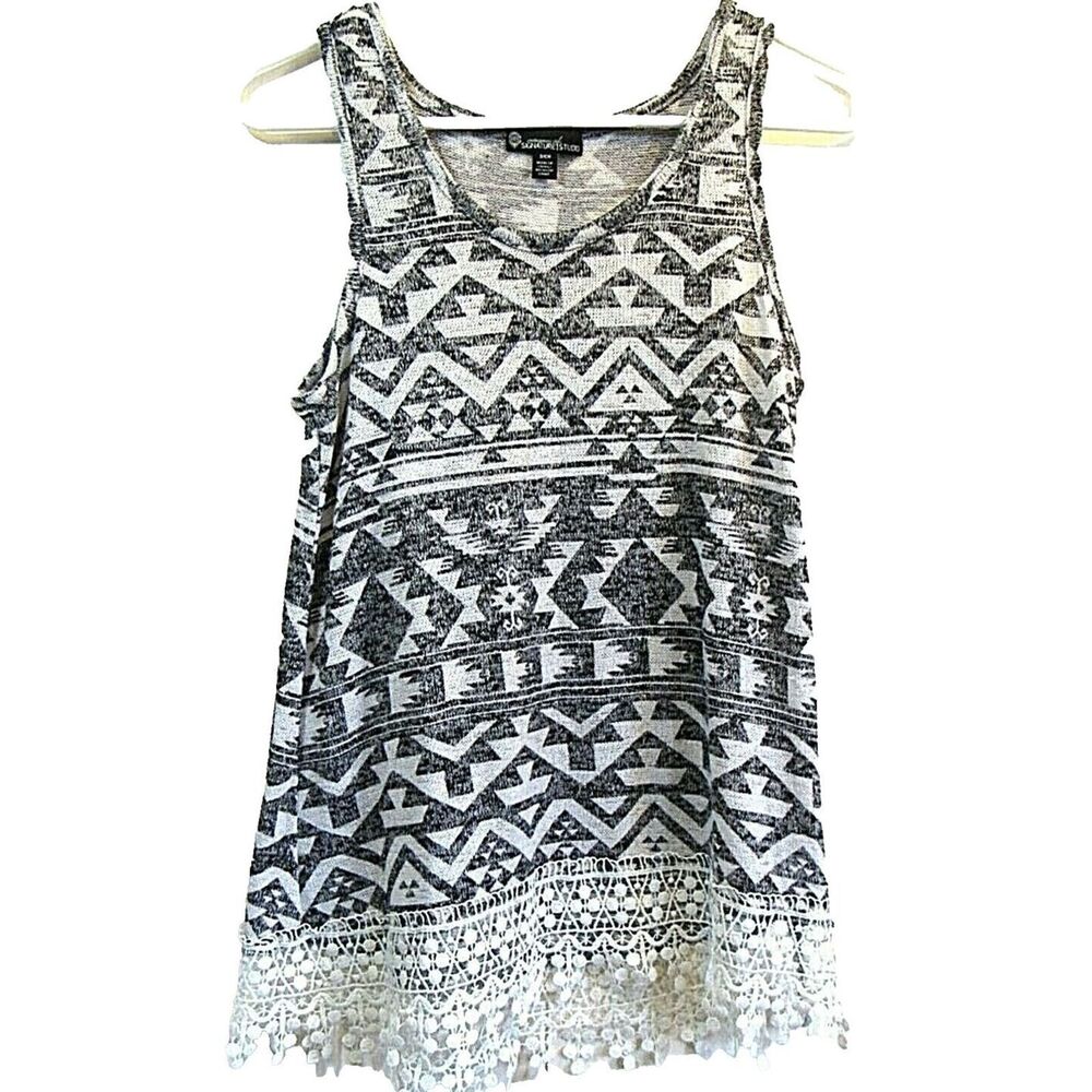 Womens Dressy Tank Top Small Lightweight Wester Print Lace Trim Hem Grey
